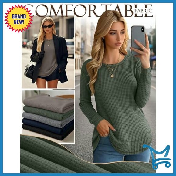 3 Pack Waffle Knit Sweatshirts Crew Neck Long Sleeve Loose Fit Pullover - Picture 4 of 7